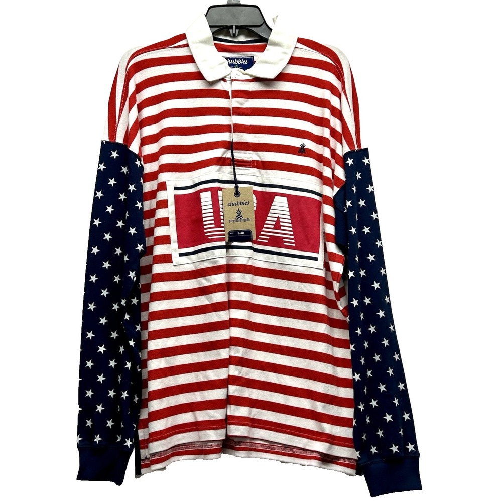 Chubbies The Freedom Ring Men's Large Red White Blue Cotton Rugby Shirt (B7)
